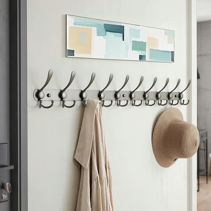 Dseap Coat Rack Wall Mount - 38” Long 10-Tri-Hooks Heavy Duty Coat Hanger Rail Wall Hooks for Hanging Coats Hats Clothing Clothes Purse Mudroom Entryway, Gray-NeatNest