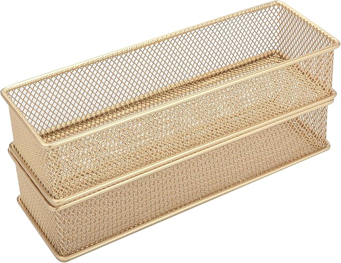 Annova Mesh Stackable Drawer Cabinet and Shelf Organizer Bins Storage Basket School Office Supply Holder Tray- Set of 2 (Gold, 3x9x2 Inch)-NeatNest