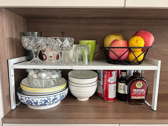 Expandable Cabinet Shelf Organizer 16-26" L Stackable Kitchen Counter Shelf Rack Stand Sink Riser Countertop Storage White (Normal 7.9”D)-NeatNest