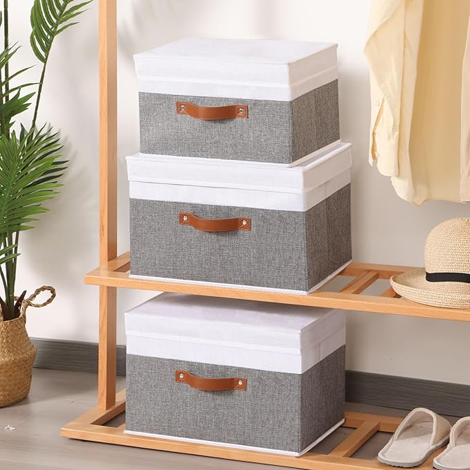 Fabric Storage Boxes with Lids, Linen Foldable Cloth Baskets, 17.7 x 11.8 x 11.8 Inch Closet Organizer Containers with Double Handles, Sweater Bins for Bedroom, White and Grey, 1 Pack-NeatNest