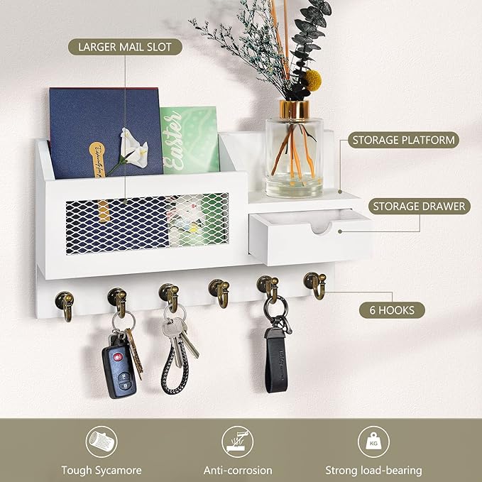 FifthQuarter Key and Mail Holder for Wall, Mail Organizer Wall Mount with 6 Hooks and Storage Drawer, Easy Installation Key Rack for Entryway and Home Decor (B-White)