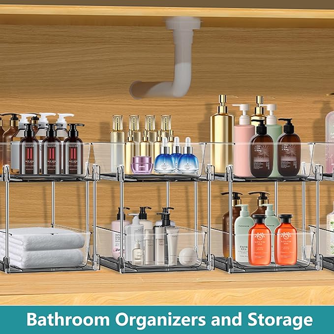 2 Pack Clear Under Sink Organizers, Pull Out Cabinet Organizer,2 Tier Bathroom Storage Organizer,Cabinet Drawers Organization Bins with Track for Kitchen,Pantry,Fridge,Vanity