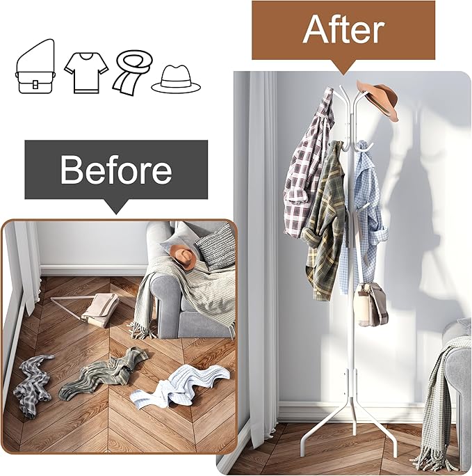 FILWH Coat Rack Freestanding Coat Tree Standing Hat Hanger Jacket Organizer Rack Metal,18.3" L x 18.3" W x 71.5" H,White-NeatNest