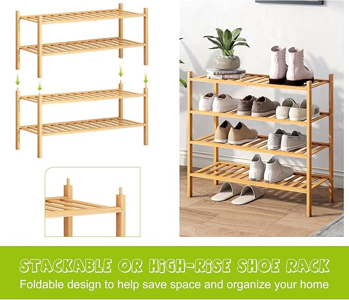BMOSU 2-Tier Bamboo Shoe Rack Premium Stackable Shoe Shelf Storage Organizer for Hallway Closet Living Room Entryway Organizer (Natural Bamboo)-NeatNest