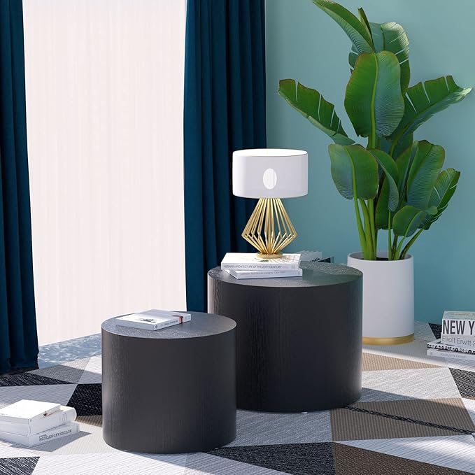 Kevinplus Round Nesting Coffee End Tables Set of 2, Small Space Living Room/Office, No Assembly (Matte Black)