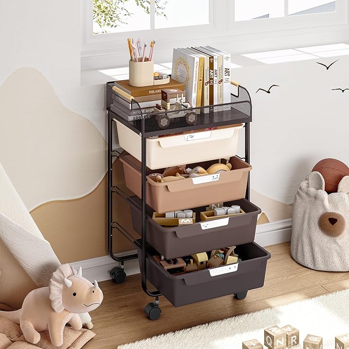 Rolling Cart with 4 Drawers,4 Tiers Rolling Utility Cart Craft Cart,Rolling Storage Drawer Cart with Mesh Top,Storage Cart with Drawers & 4 PCS DIY Lable, Brown