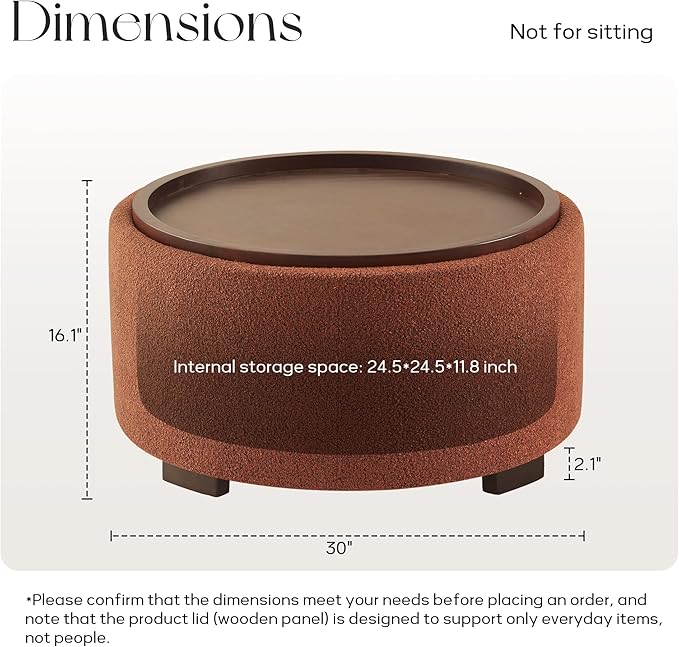 30 Inch Round Storage Ottoman Coffee Table, Modern Boucle Ottoman with Lift-Off Lid and Solid Wood Legs for Living Room, Bedroom, Corners, Apartments (Orange)