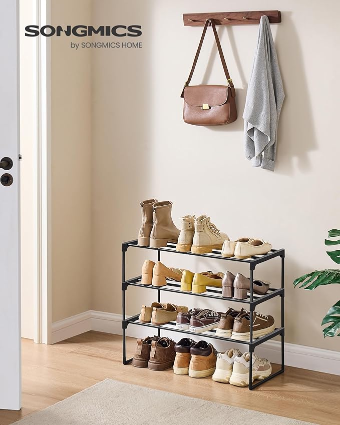 SONGMICS Shoe Rack, 3-Tier Shoe Organizer, Metal Storage Shelf, Upright or Upside Down, for 8-12 Pairs, Stackable, for Entryway, 11.8 x 26.8 x 21.7 Inches, Black ULSA203B01-NeatNest
