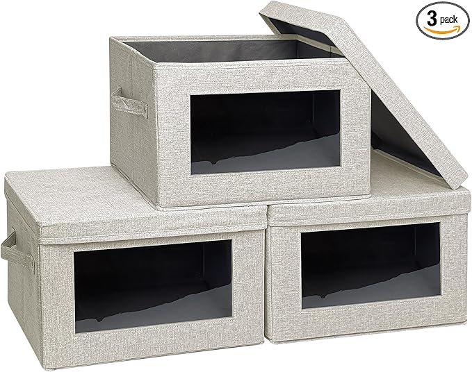 3-Pack Fabric Storage Bins with Lids, Foldable Storage Boxes with Handles & Clear Window, Closet Organizers for Clothes, Books (Beige, 3PCS/17.3 x 11.8 x 11.8 in)-NeatNest