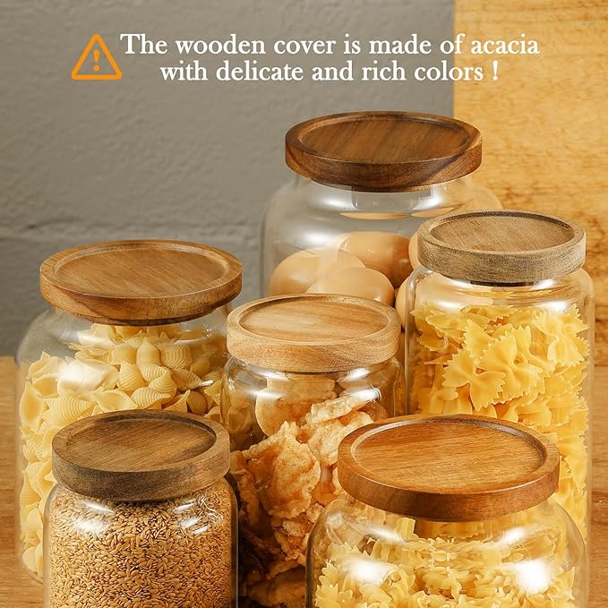 Labina Glass Storage Container Airtight Food Jars Kitchen Canister with Wood Lids, 20 Oz Wide Mouth Pantry Organization Glass Jar for Flour, Sugar, Cookie, Spagetti, Nuts and Candy