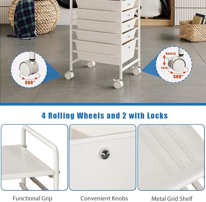 6-Tier Rolling Cart with 5 Drawers, Rolling Utility Cart with 2 Lockable Caster Wheels, Multipurpose Mobile Rolling Storage Drawer Cart for Office Bathroom Kitchen, Ivory White