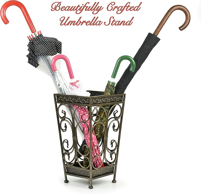 Dualplex Super Quality Umbrella Stand, Umbrella Holder Antique Look Metal Entry Hallway Décor, Square Style Removable Drip Tray. Home, Office Decoration Rack Holds Umbrellas Canes Walking Sticks