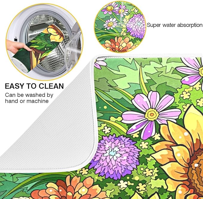Absorbent Dish Drying Mat for Kitchen Counter - Sunflowers Microfiber Drying Pad, Reversible Drainer Mats for Countertop, Small 16" x 18"