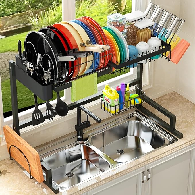 ADBIU 【Fit Sink 24"- 35.6" L】 2024 Over The Sink Drying Rack (Expandable Dimension) Snap-On Design 2 Tier Large Dish Rack Kitchen Count Organization and Storage