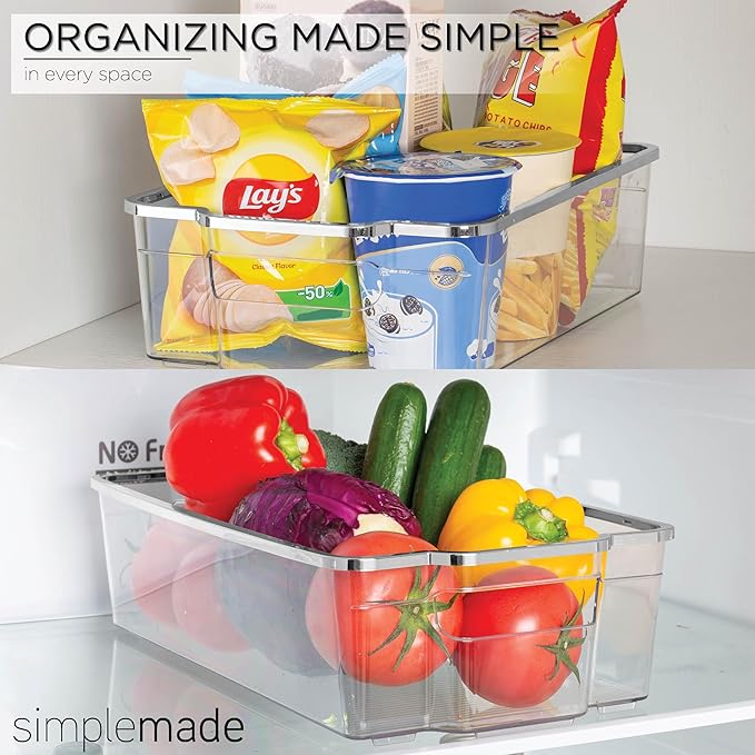 SIMPLEMADE Clear Refrigerator Organizer Bins - Clear Bins for Fridge, Containers for Fridge and Freezer, Multipurpose Storage for Kitchen, Office, Bathroom, Silver Rim (8.5" x 14.6")