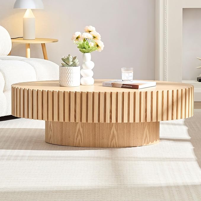 Kevinplus Oak Oval Modern Coffee Table for Living Room, Contemporary Circle Fluted Drum, Easy Assembly, Wood (43.7'' x 24.8'' x 13.38'')