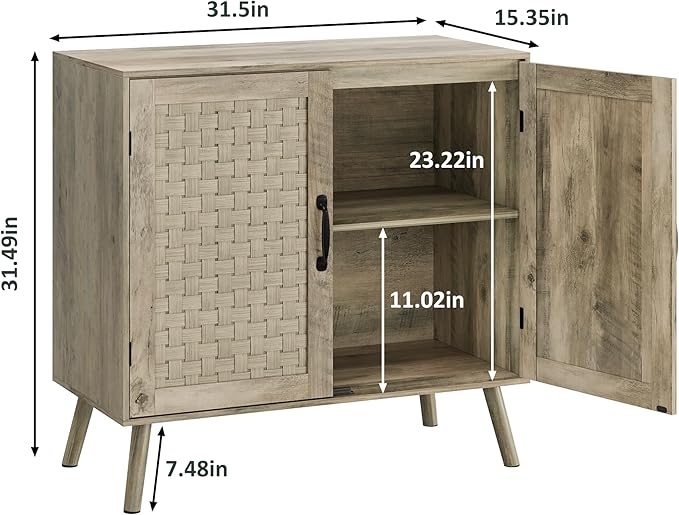 Farmhouse Sideboard Cabinet, Buffet Storage Cabinet with Handmade PVC Rattan Decor Doors & Adjustable Shelf, Wood Accent Table Coffee Station for Kitchen, Living Room, Entryway, Grey Oak-NeatNest