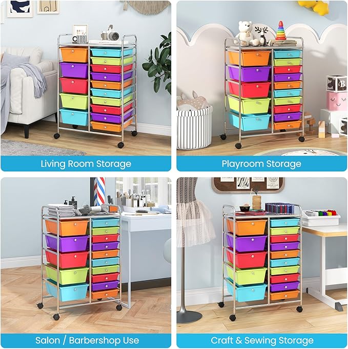 Giantex 15-Drawer Organizer Cart Office School Storage Cart Rolling Drawer Cart for Tools, Scrapbook, Paper (Multicolor)