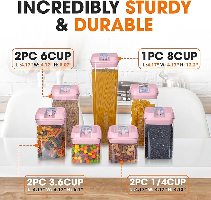 Cheer Collection Stackable Airtight Food Storage Containers - BPA Free Plastic Food Organizer for Pantry with Dry Erase Marker and Labels, Pink (Set of 7)