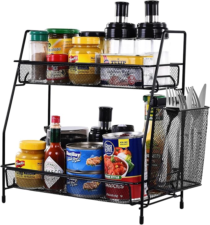 LEMIKKLE Countertop Organizer for Bathroom Counter, The Organizer for Bedroom, Spice Rack Organizer for Kitchen Counter Shelf with Small Basket(Black)-NeatNest