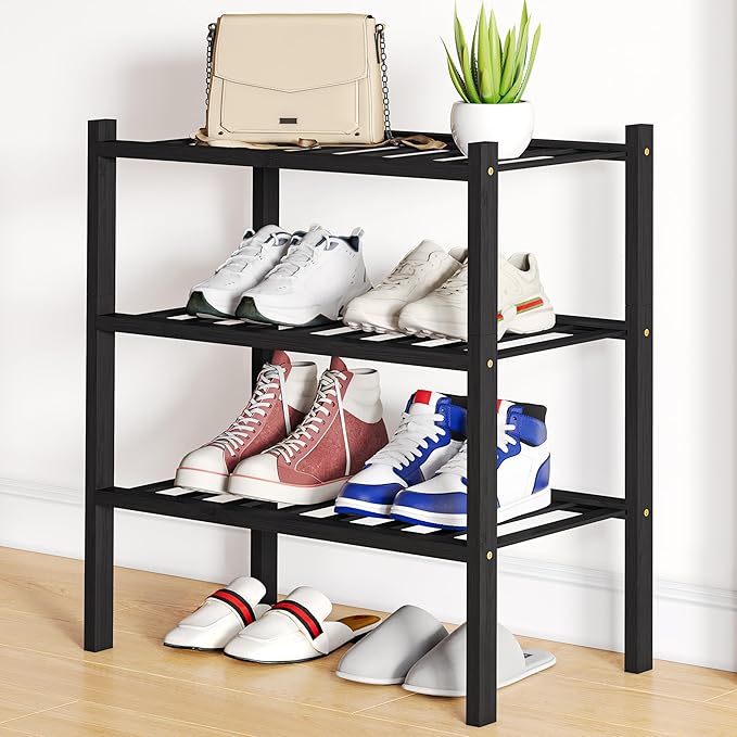 Smiry Shoe Rack, 3 Tier Small Bamboo Shoe Organizer, Stackable Free Standing Wooden Shoe Storage Shelf for Closet, Entryway, Front Door Entrance, Black-NeatNest