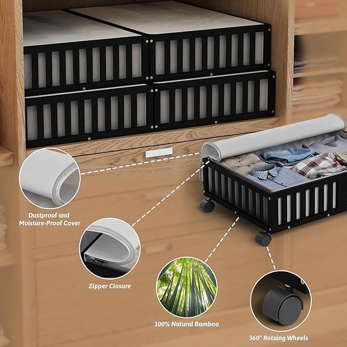 Bamboo Under Bed Storage Containers with Wheels, Rolling Under the Bed Shoe Storage Bins, Wood Stackable Underbed Drawers with Bag Organizer for Bedroom Closet Clothing Sweater Under Crib Toy Black-NeatNest