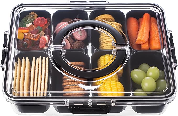 Divided Serving Tray with Lid and Handle - Snackle Box Charcuterie Container for Portable Snack Platters Organizer for Candy, Fruits, Nuts, Snacks - Perfect for Party, Entertaining, Black-NeatNest