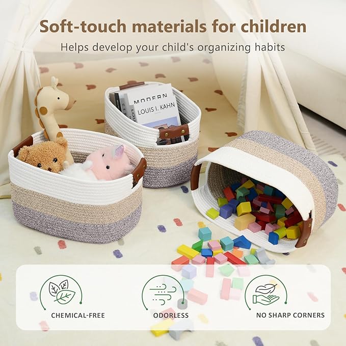 Cotton Rope Basket , Storage Baskets with Handle, 15x10x9 Inch Woven Basket for Shelves, Laundry, Towels, Clothes, Books, Toys (Gradient Brown 3 Pack)-NeatNest