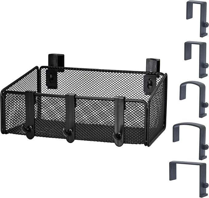 Bedside Caddy Shelf Hanging Storage Basket for Bunk Bed, Office Cubical Walls, Baby Rails, College Dorm Organizer - 5 Pairs Sized Hooks for Phone, Glass, Magazine, Decor (Black)-NeatNest