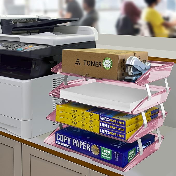 Acrimet Facility 4 Tier Letter Tray, Side Load, Letter Size/A4, Desktop File Organizer, Plastic (Clear Pink)-NeatNest