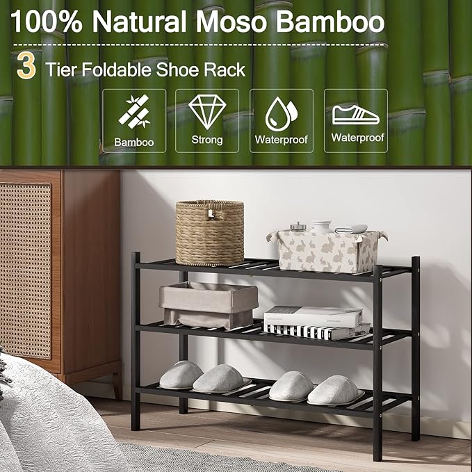 Shoe Rack, 3-Tier Bamboo Stackable Shoe Shelf Storage Organizer, Shoe Stand for Closet, Entryway and Hallway-NeatNest