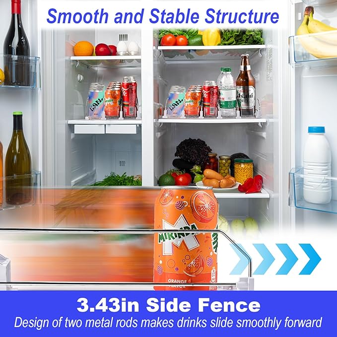 Drink Organizer for Fridge (Adjustable Width), 16.5” D Soda Can Fridge Drink Organizer, Refrigerator Beverage Organizers and Storage, Drink Dispenser Pop Can Holders for Fridge (5 Rows)