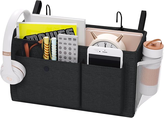 Bedside Caddy Bedside Organizer with Fixed Straps & Water Bottle Holder, Bunk Bed Caddy ideal for Home, Dorm, Hospital, Crib, Versatile Bedside Storage Solution (Black)-NeatNest
