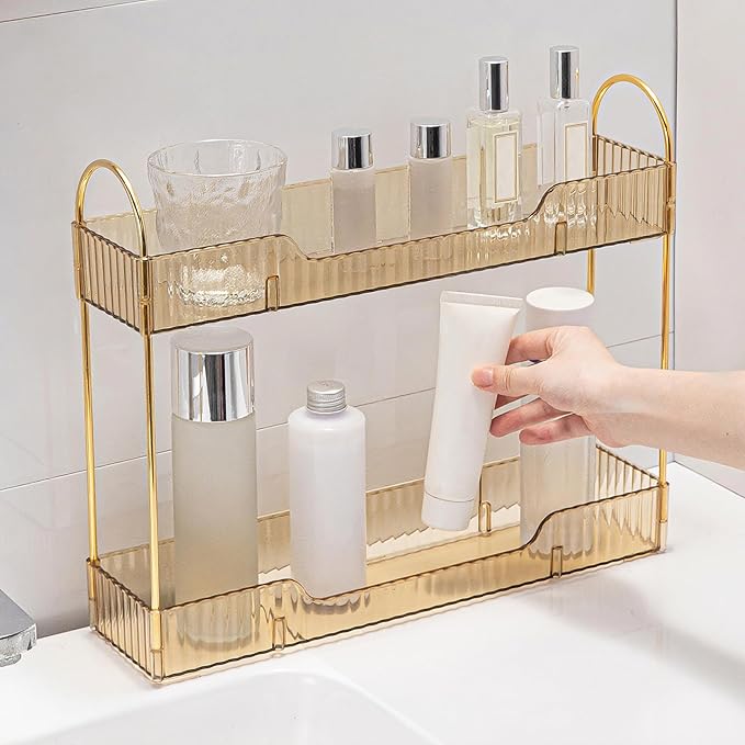 YCIA&DONE 2 Tiers Narrow Vanity Makeup Organizer, Bathroom Organizers Countertop Slim, Perfume Holder Skincare Storage Cosmetic Shelf Spice Rack, for Small Desktop Counter Space, Amber Gold-NeatNest