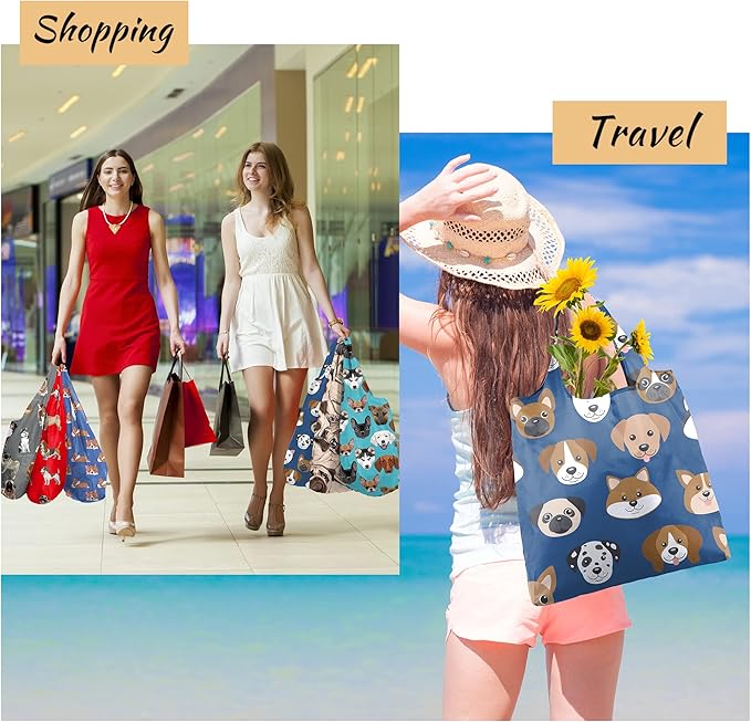 BeeGreen Cute Dog Cloth Gift Bags - Reusable Grocery Bag with Handles Foldable Washable 6 Pack - Extra Large Heavy Duty Tote Bag for Groceries (Bulk Holiday Packable Travel) - Shopping Bags for Women-NeatNest