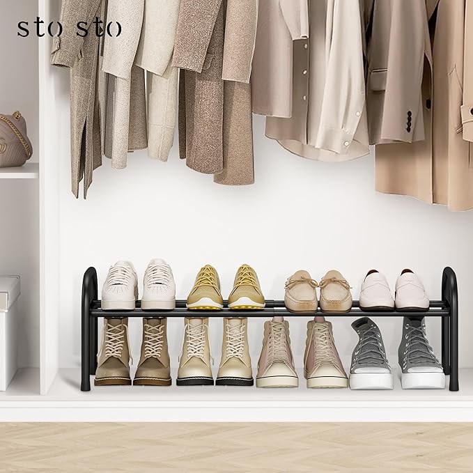 STO STO Expandable Shoe Organizer, 1-Tier Metal Shoe Rack for Closet, Up to 8 Pairs Adjustable Storage for Front Door Entrance, Free Standing Organizer for Entryway, Black-NeatNest