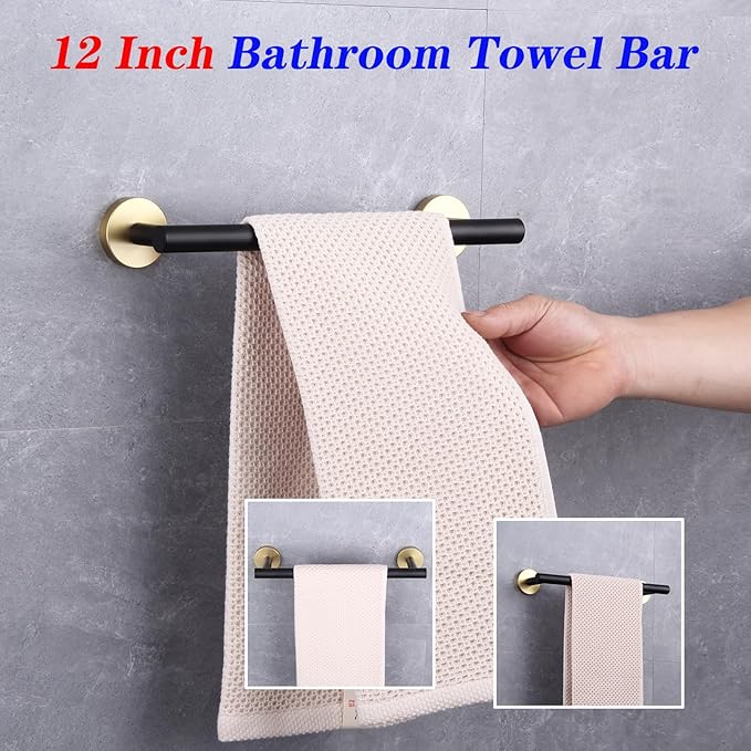 GERZWY 12-Inch Bathroom Towel Bar Modern Round Style SUS 304 Stainless Steel Bath Towel Bar Wall Mount (Black & Gold) AG1101C30.5-BD
