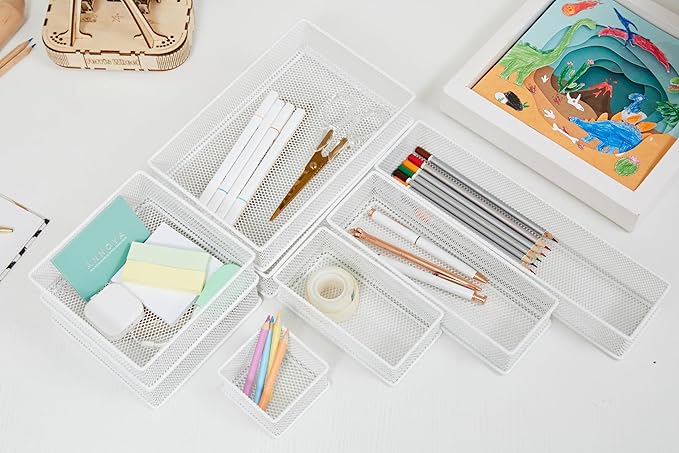 Annova Mesh Stackable Drawer Cabinet and Shelf Organizer Bins Storage Basket School Office Supply Holder Tray- Set of 2 (White, 3x6x2 Inch)-NeatNest