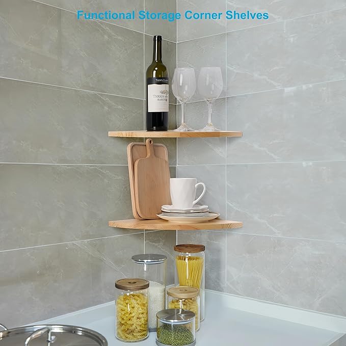 Waterproof Natural Wood Corner Wall Shelves Set of 2, Rustic Wood Corner Floating Shelves with Cable Raceway for Bathroom Kitchen Study Bedroom (12 Inch, Fan-Shaped)-NeatNest