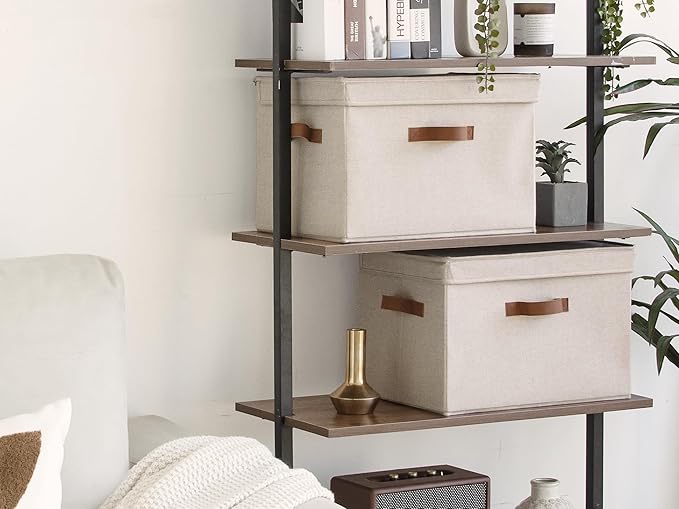 StorageWorks Fabric Storage Bins with Lid, Decorative Storage Boxes for Shelves, Stackable Closet Organizer Basket with Handles, Large, Brown and Beige, 2-Pack-NeatNest