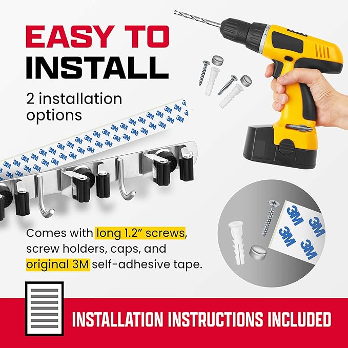 Mop and Broom Holder Wall Mount – Self-Adhesive Stainless Steel broom hanger organizer – 4 Clamps, 3 Hooks, 5 Towel Hanging Clips Mounting Screws – Holds Up to 40 Lbs-NeatNest