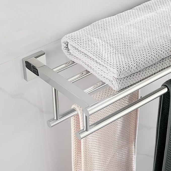 Bathroom Towel Rack 24 Inch Tower Holder with Double Towel Bar Polished Chrome Towel Rack Wall Mounted SUS304 Stainless Steel Hotel Towel Shelf Modern Towel Hanger