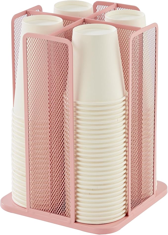 Annova Paper Mug and Lid Holder Plastic Cup Storage Organizer, 360°Rotating Coffee Mug Dispenser with 4 Compartments, Multifunctional Cup Storage Rack for Home, Office, Bar, Coffee Shop (Light Pink)-NeatNest