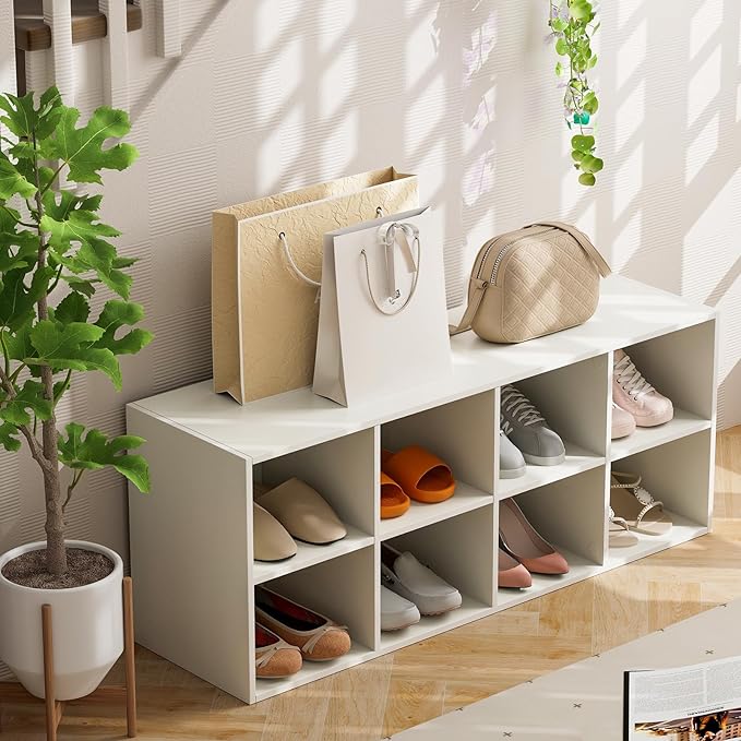Tangkula 8 Cubbies Shoe Storage Bench, Shoe Organizer with 500 LBS Weight Capacity, Cubby Shoe Rack Storage Cabinet for Entryway, Hallway, Living Room and Bedroom (White)