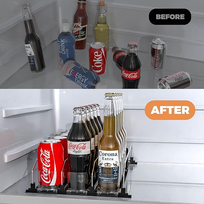 3 Rows Drink Organizer for Fridge, 15'' Soda Can Dispenser for Refrigerator with Pusher Glide, Width Adjustable Fridge Can Organization Hold Up to 25 Cans (Black)