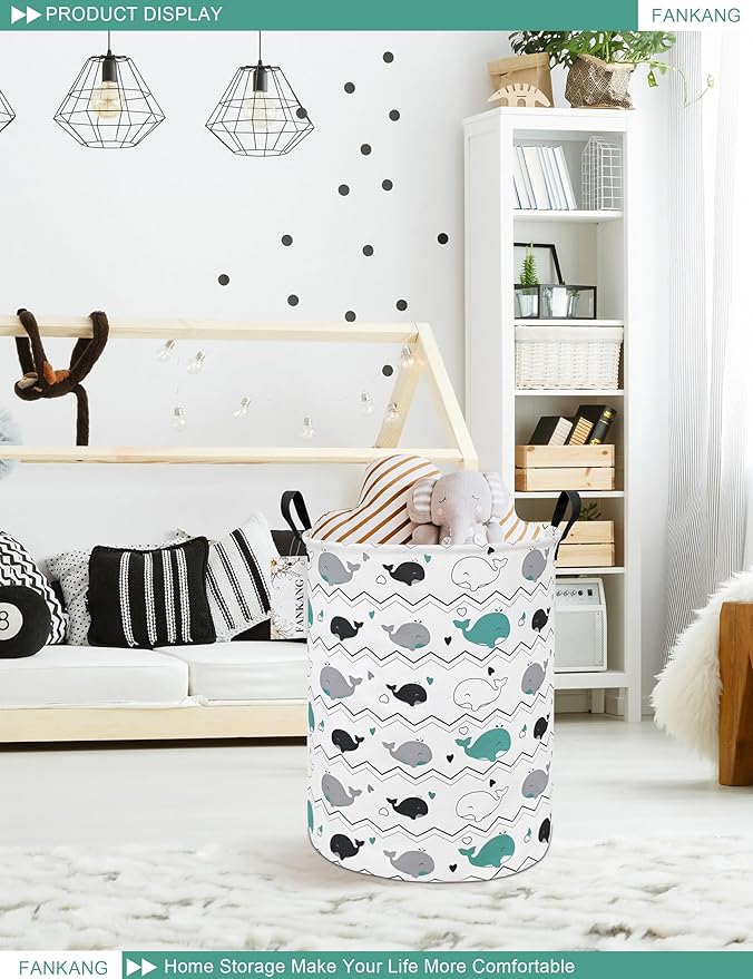 FANKANG Storage Basket, Nursery Hamper Canvas Laundry Basket Foldable with Waterproof PE Coating Large Storage Baskets for Kids Boys and Girls, Office, Bedroom, Clothes,Toys(Whales)