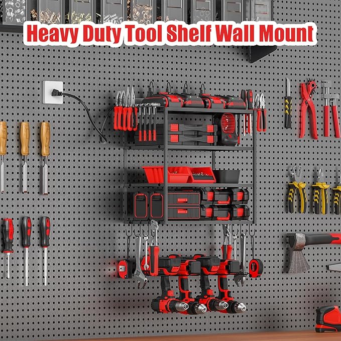 JUNNUJ Tool Organizer with Charging Station, 5 Layers Wall Mount Garage Tools Storage with 8 Outlets Power Strip, 4 Drills Holder Battery Heavy Duty Metal Shelf, Utility Rack with Hooks, Black