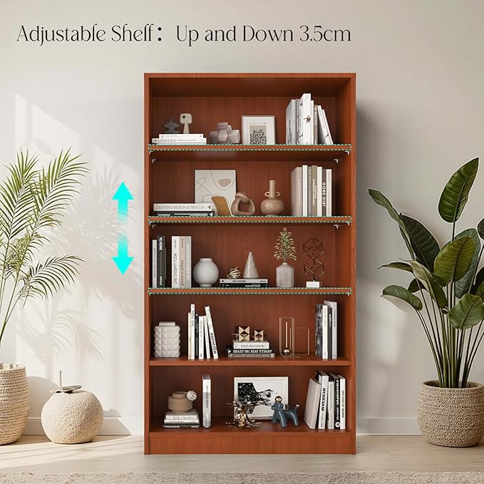 Farini 60 Inch Tall 5-Shelf Bookcase, Wood Bookshelf Storage Organizer Adjustable Shelf for Home Office, Study Room, Easy Assembly,Cherry