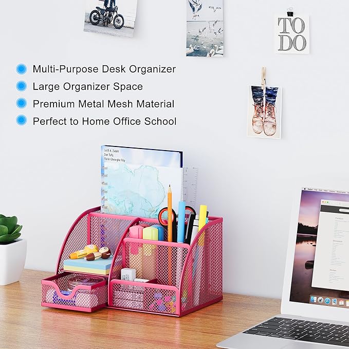 EasyPAG Mesh Desk Organizer, Multi-functional Stationery Organizer for School Supplies, Office Pen Holder for Desk, 6 Compartments Dorm Organization with Drawer, Pink
