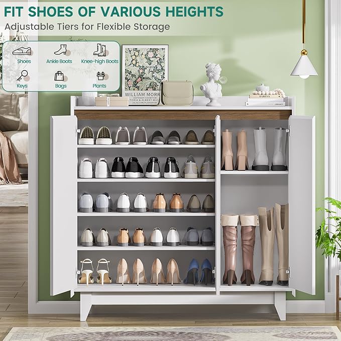 Wave Fluted Shoe Storage Cabinet with 3 Doors, 6-Tier Shoe Cabinet with Adjustable Shelves, 43.7”H Tall Shoe Cabinet Storage for Entryway Hallway White Shoe Rack Organizer Freestanding Cabinet-NeatNest